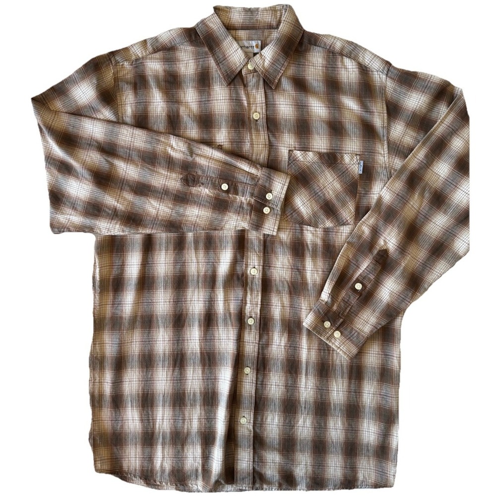 Carhartt Large‎ Tall LT Plaid Work Shirt Brown Tan Long Sleeve Button Up Cotton